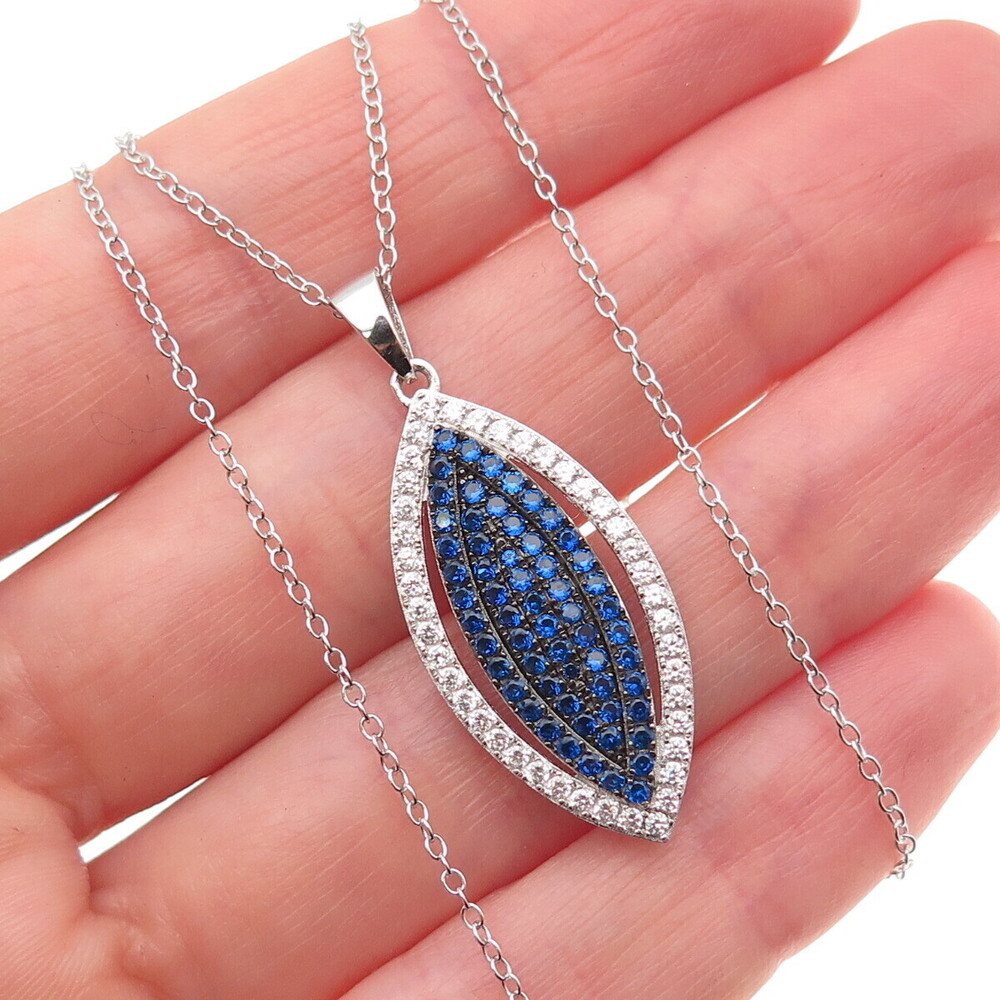 925 Sterling Silver Round-Cut Blue & White C Z Cable Chain Necklace 18"
